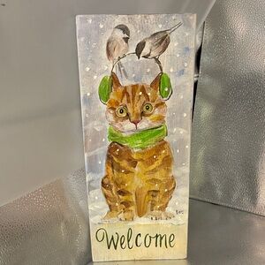 Cat Welcome Sign with Green Scarf